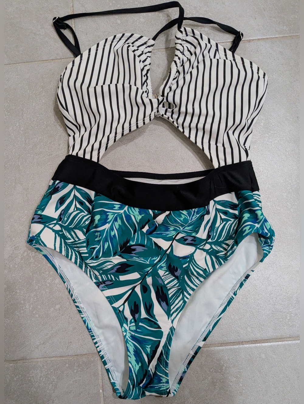 Tropical Leaf High-Waist Bikini Bottoms - Teal & White NEVER WORN